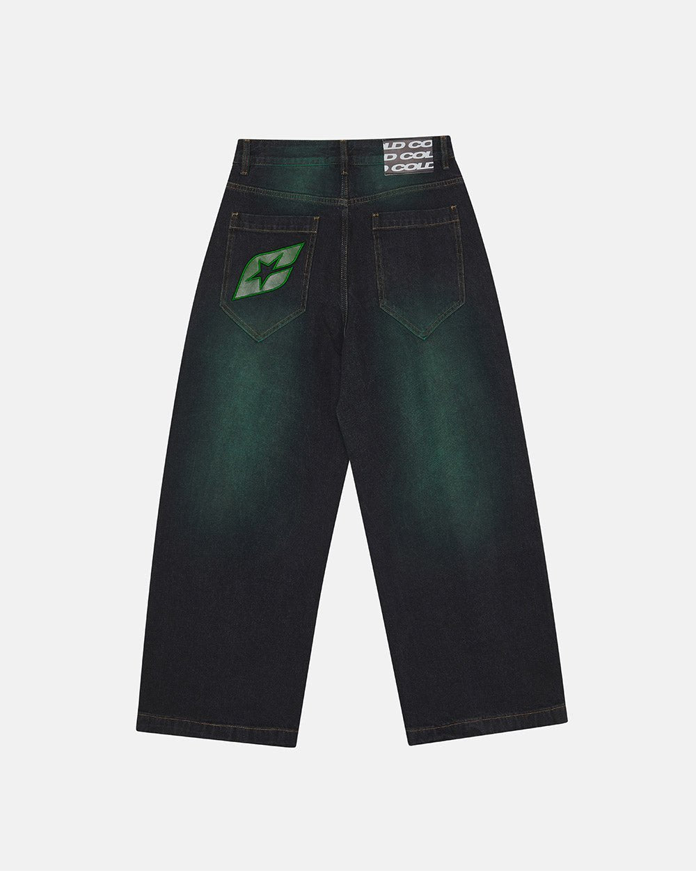 PRECIOUS V3 PANTS BLACK & GREEN - black and green denim pants, back view - Cold Culture #packshot