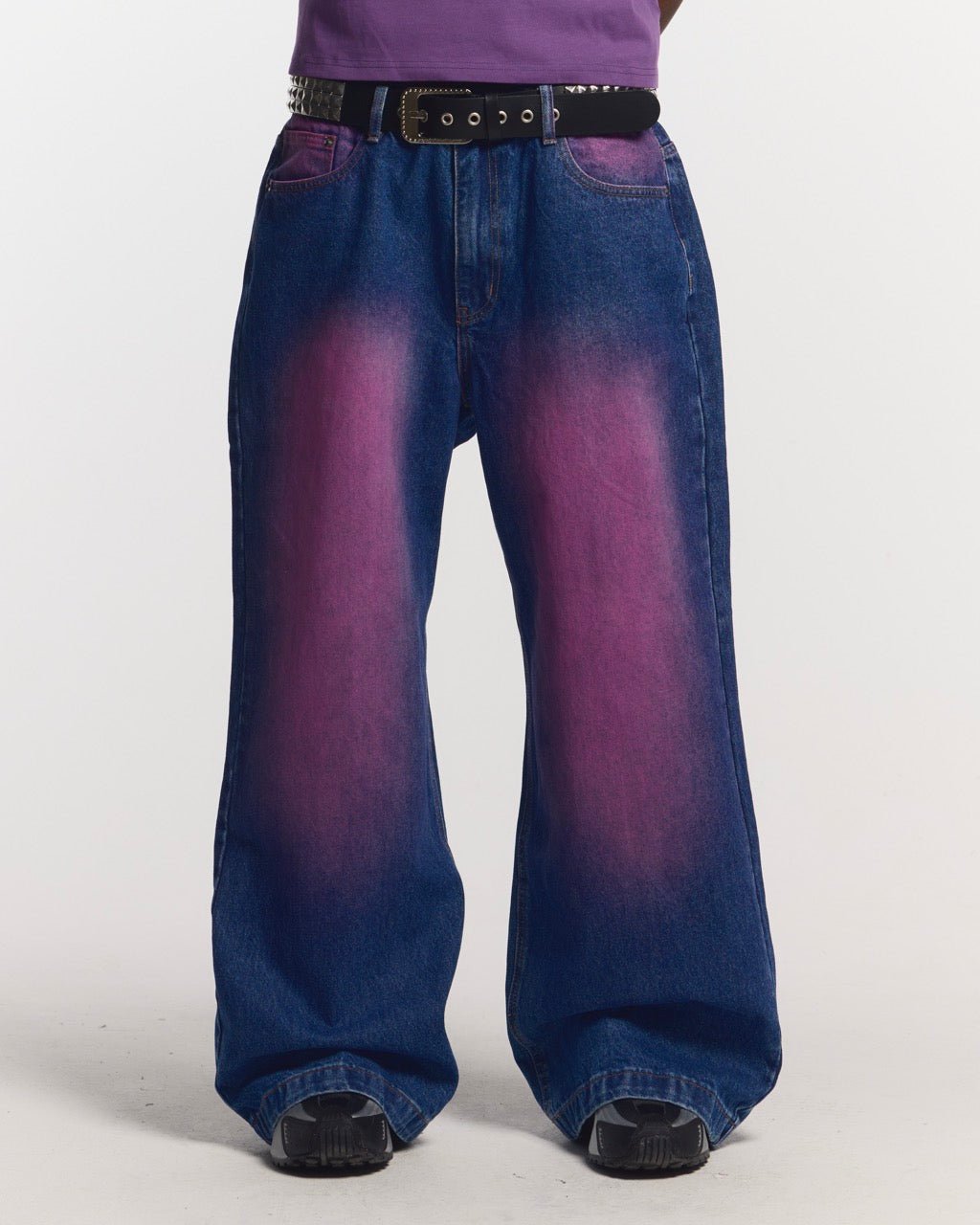 PRECIOUS V3 PANTS BLUE & PINK - blue and pink denim pants, front view on male model - Cold Culture