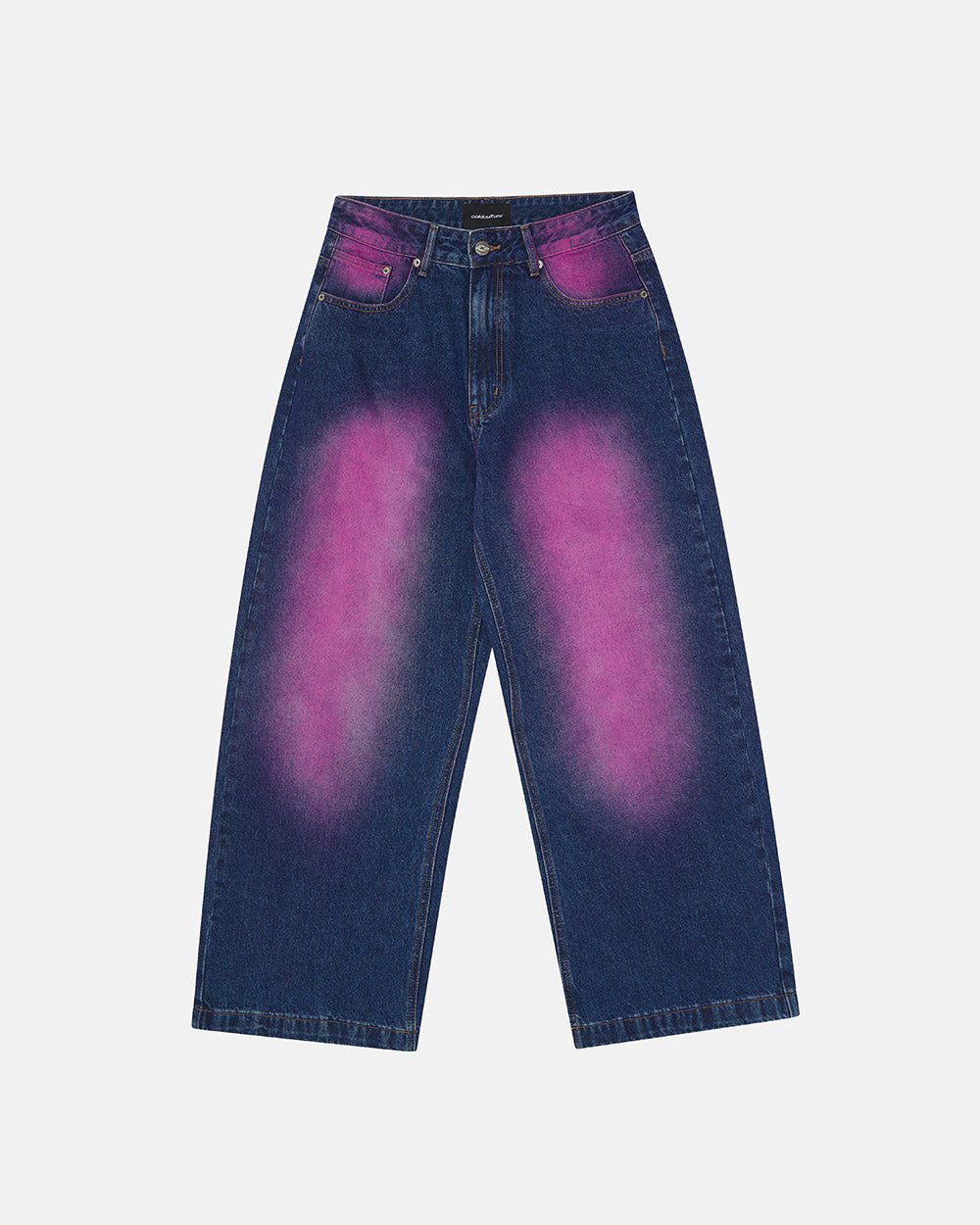 PRECIOUS V3 PANTS BLUE & PINK - blue and pink denim pants, front view - Cold Culture #packshot