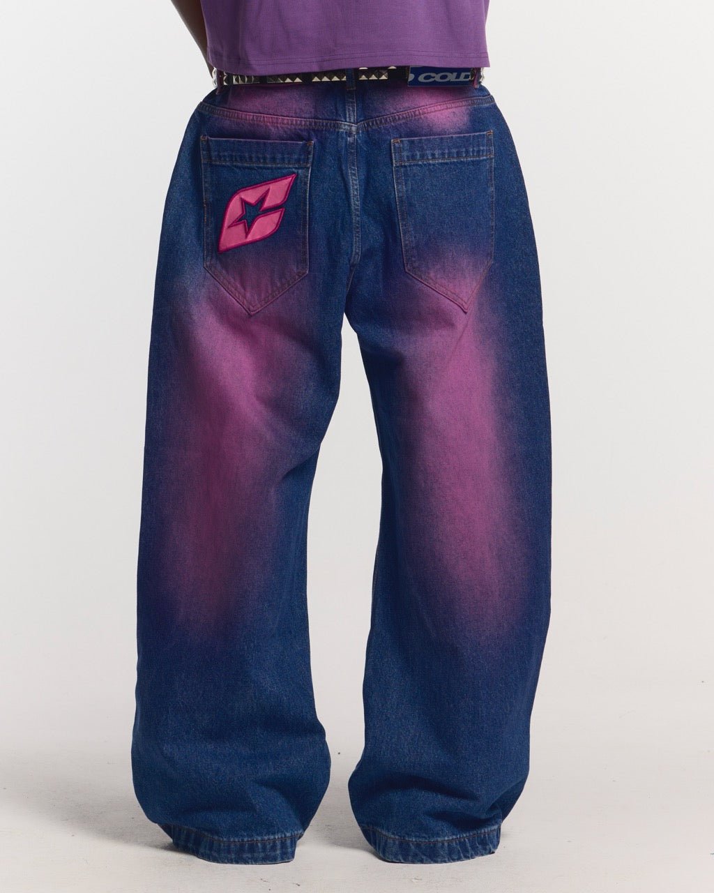 PRECIOUS V3 PANTS BLUE & PINK - blue and pink denim pants, back view on male model - Cold Culture