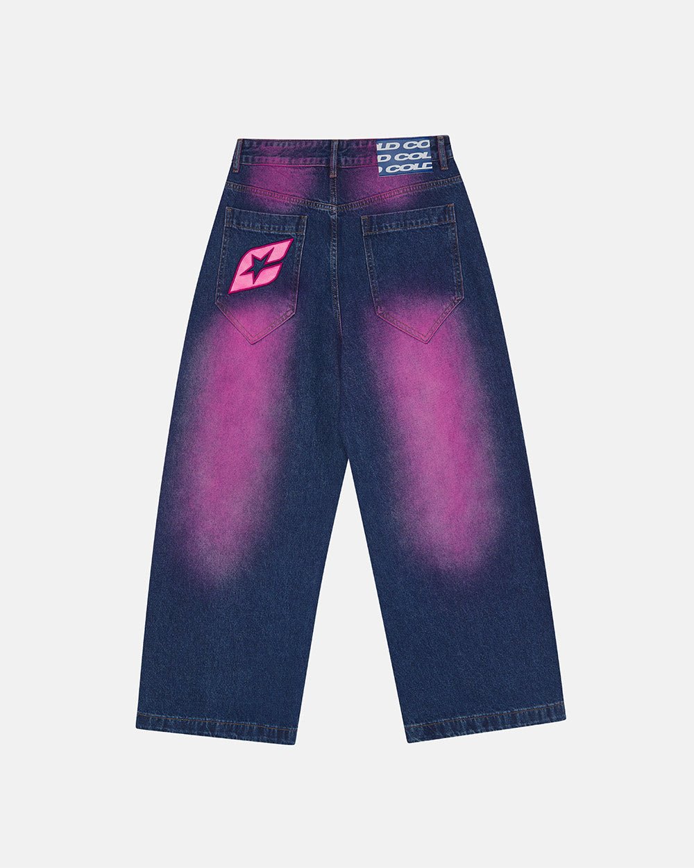 PRECIOUS V3 PANTS BLUE & PINK - blue and pink denim pants, back view - Cold Culture #packshot