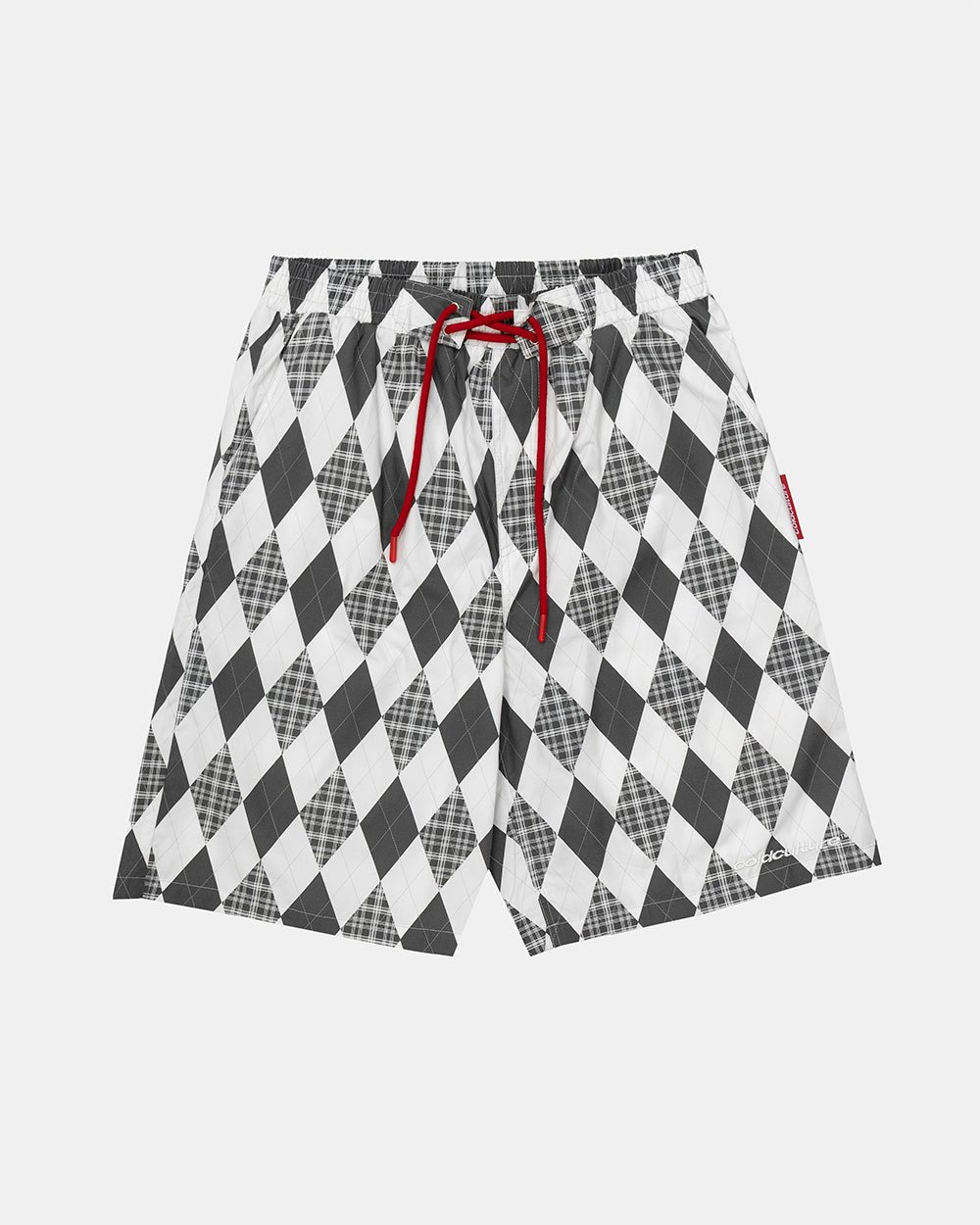 PREPPY SWIMSHORTS WHITE - white argyle swim shorts, front view - Cold Culture #packshot
