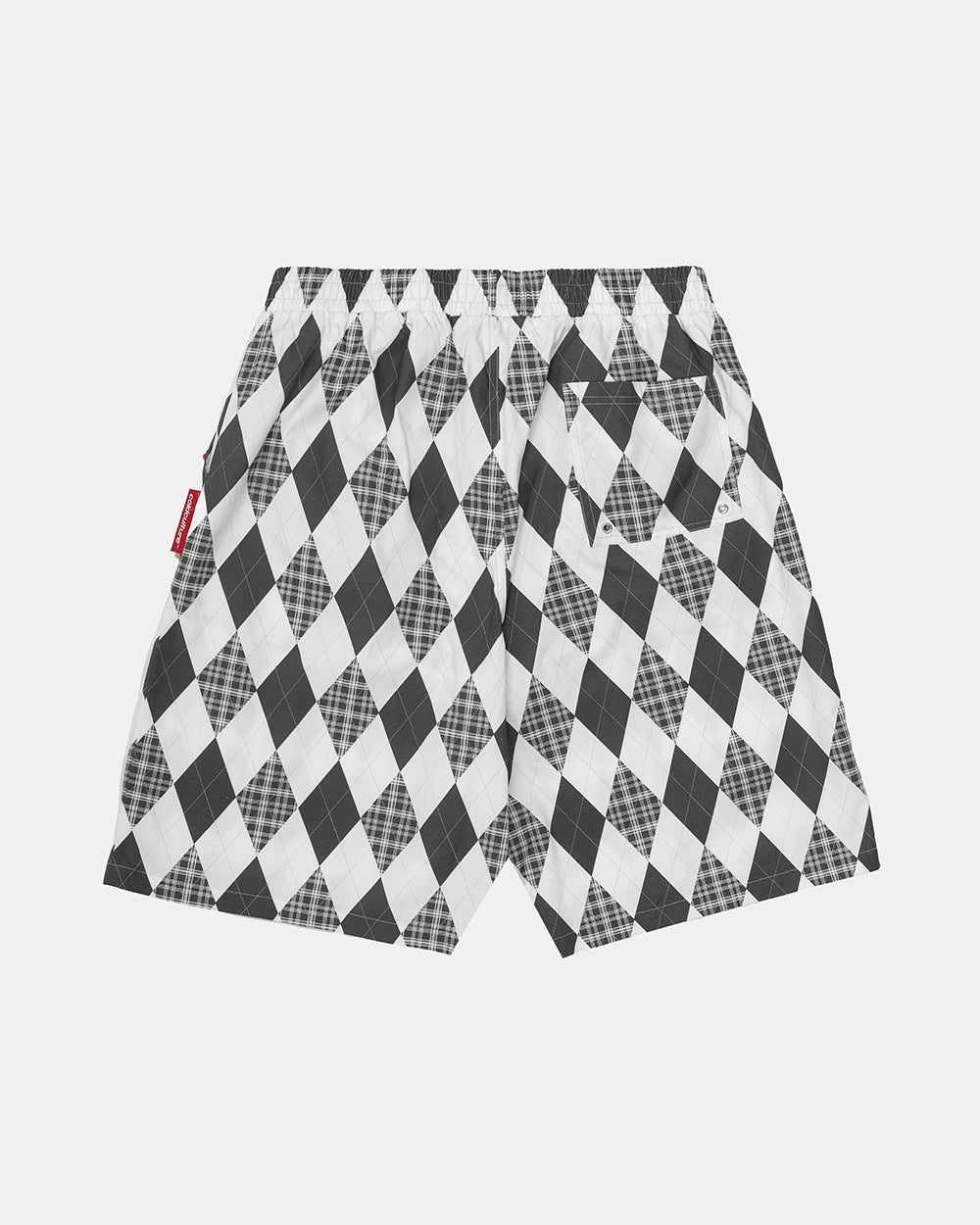 PREPPY SWIMSHORTS WHITE - white argyle swim shorts, back view - Cold Culture #packshot