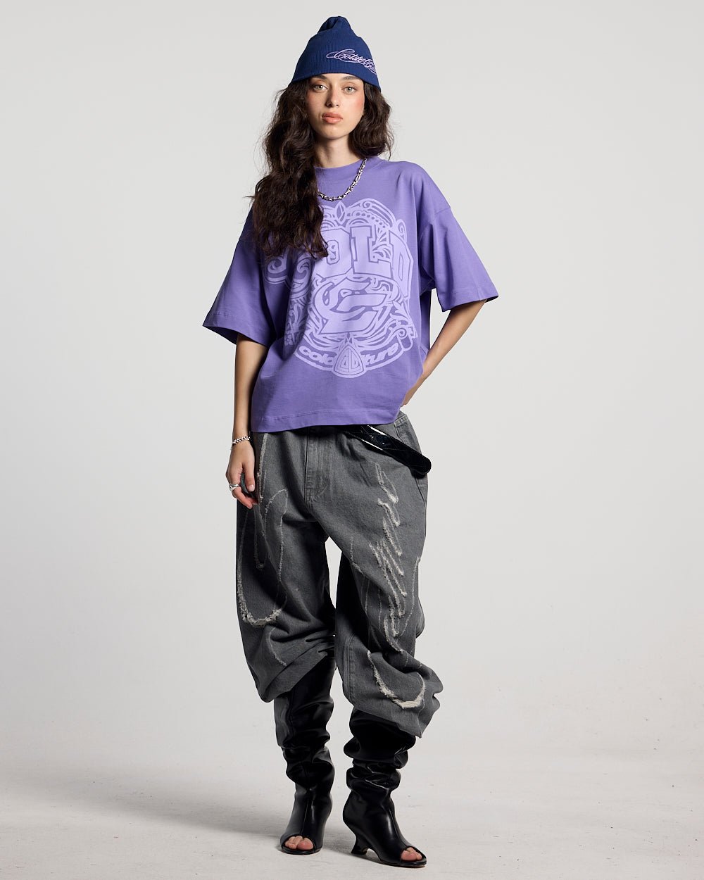 PRESTIGE TEE PURPLE - purple graphic print tee, front view on female model - Cold Culture #woman