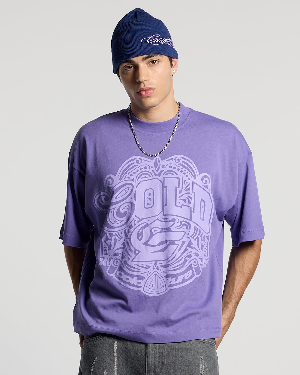 PRESTIGE TEE PURPLE - purple graphic print tee, front view on male model - Cold Culture #man