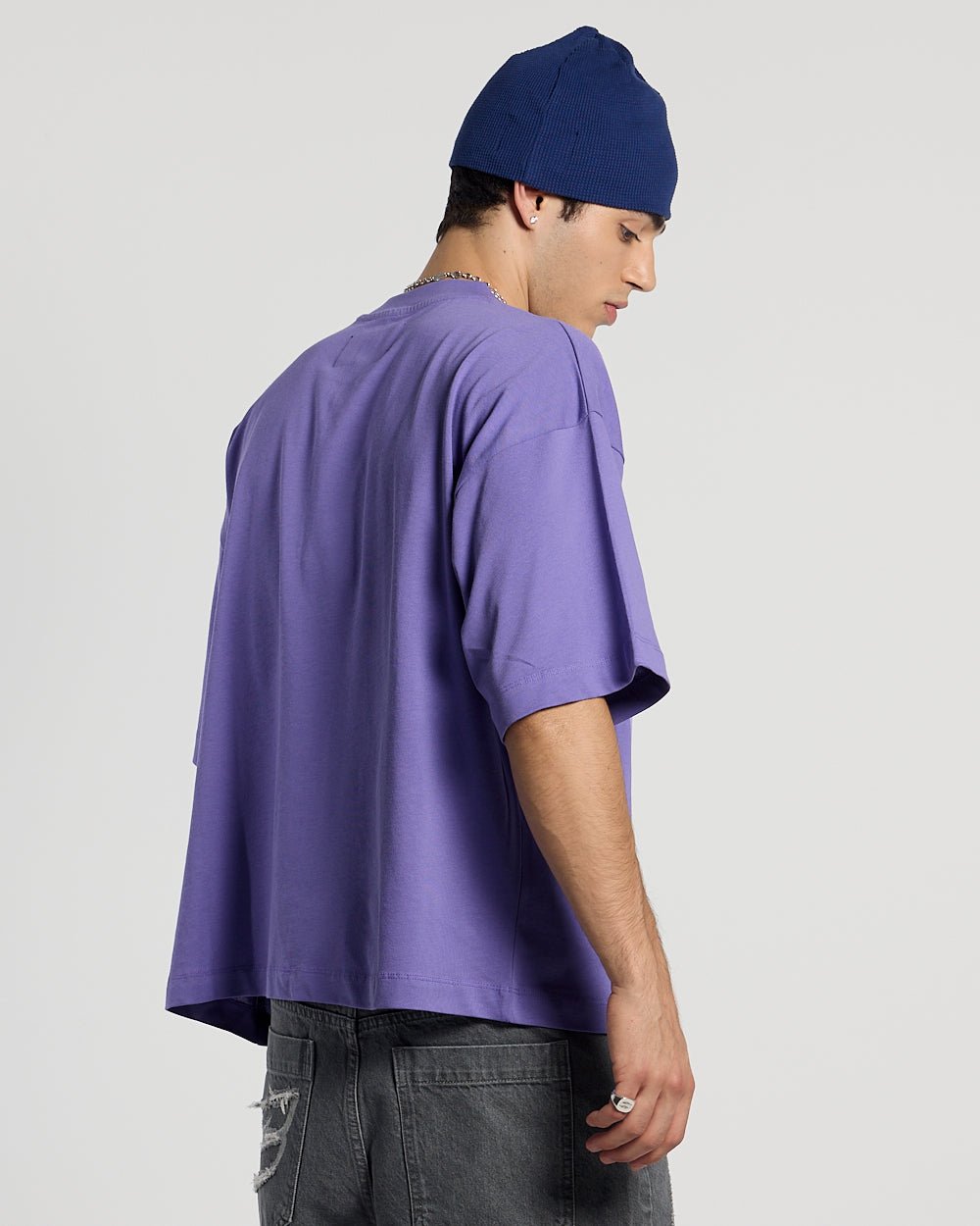 PRESTIGE TEE PURPLE - purple graphic print tee, back view on male model - Cold Culture #man