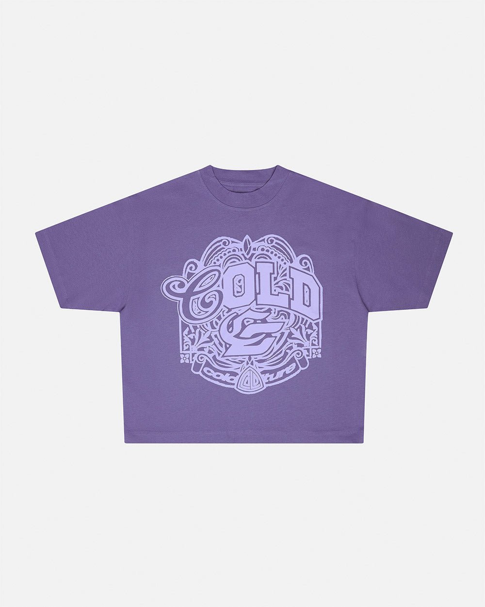 PRESTIGE TEE PURPLE - purple graphic print tee, front view - Cold Culture #packshot