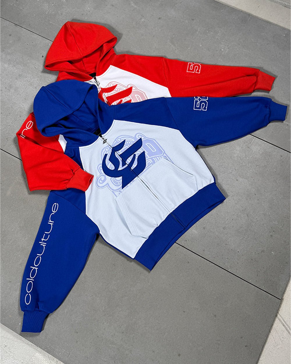 PRESTIGE ZIP HOODIE BLUE & WHITE - blue and white zip-up hoodie, flat lay with matching pieces - Cold Culture