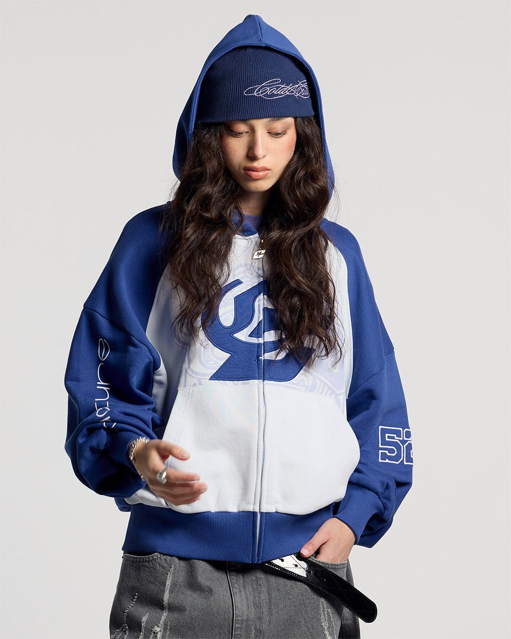 PRESTIGE ZIP HOODIE BLUE & WHITE - blue and white zip-up hoodie, front view on female model - Cold Culture #woman