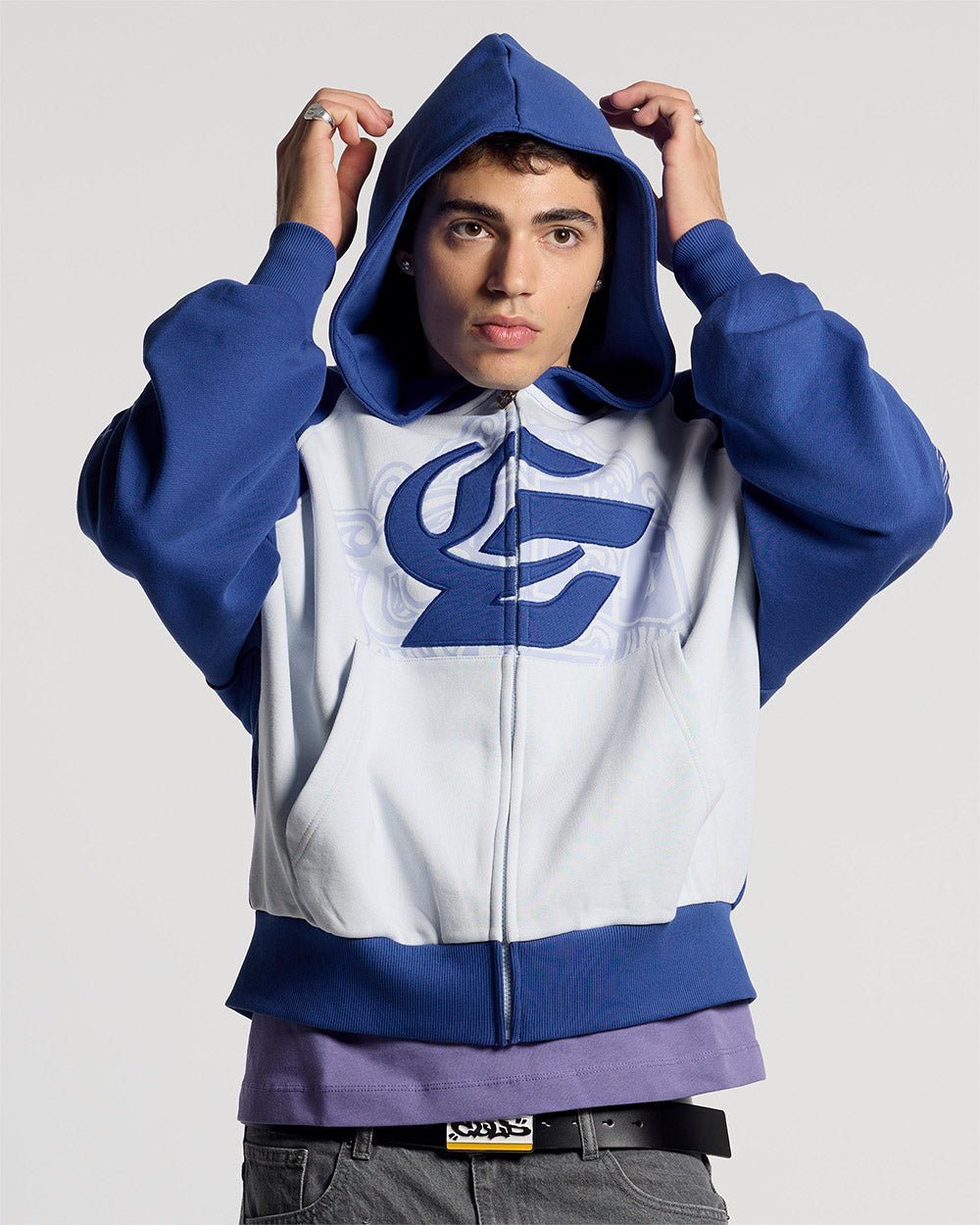 PRESTIGE ZIP HOODIE BLUE & WHITE - blue and white zip-up hoodie, front view on male model - Cold Culture #man