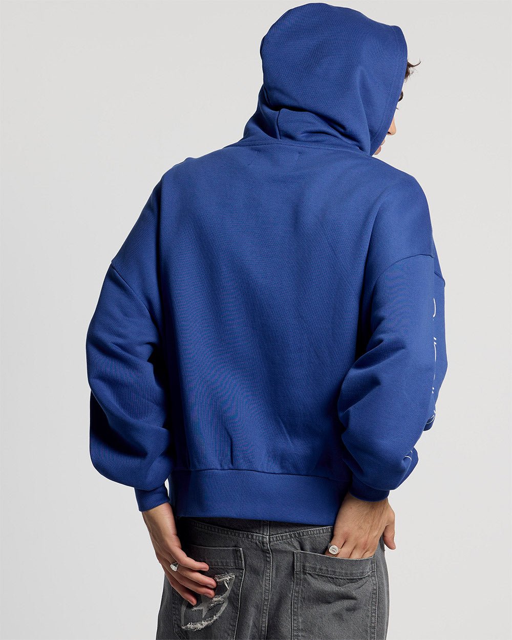 PRESTIGE ZIP HOODIE BLUE & WHITE - blue and white zip-up hoodie, back view on male model - Cold Culture