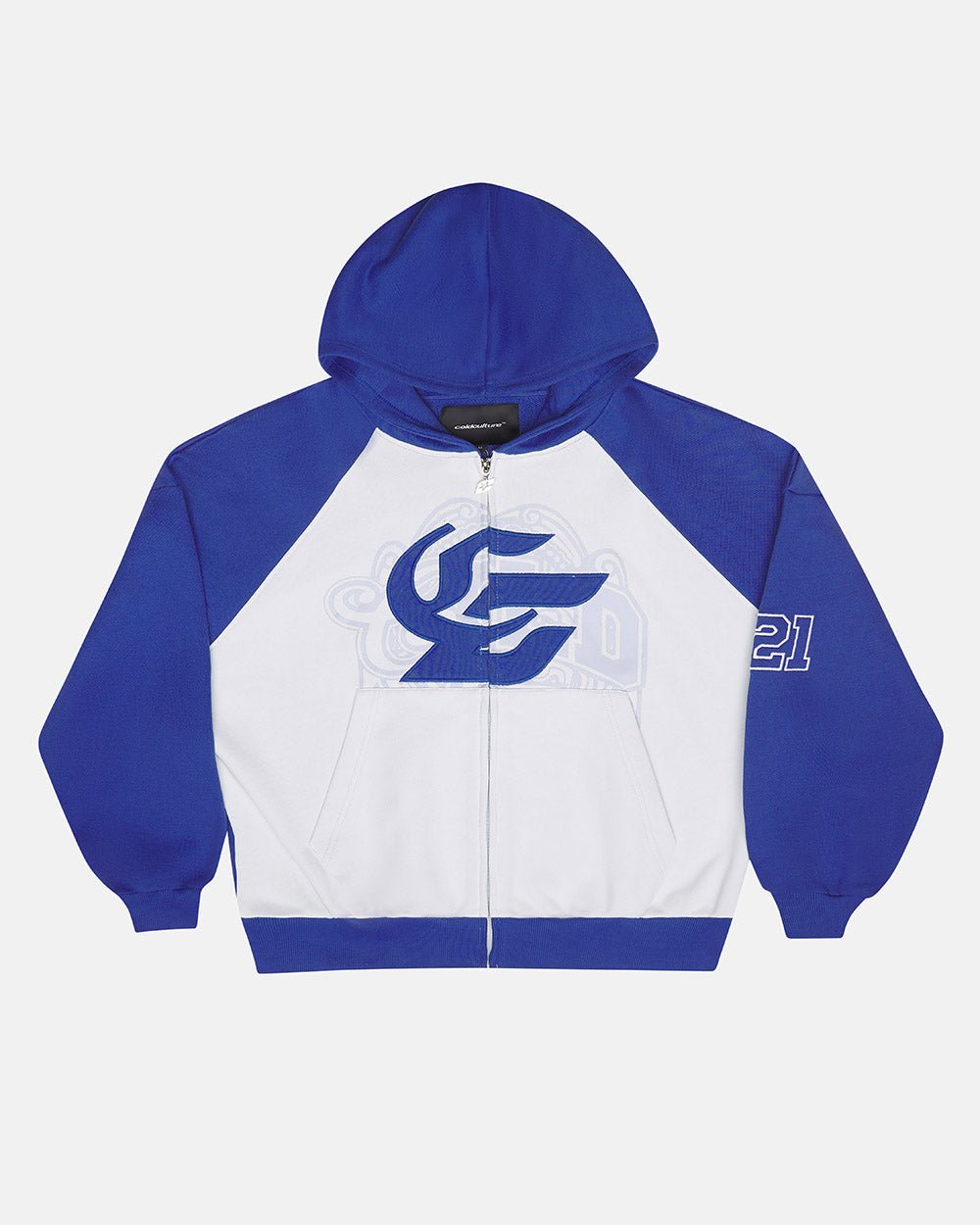 PRESTIGE ZIP HOODIE BLUE & WHITE - blue and white zip-up hoodie, front view - Cold Culture #packshot