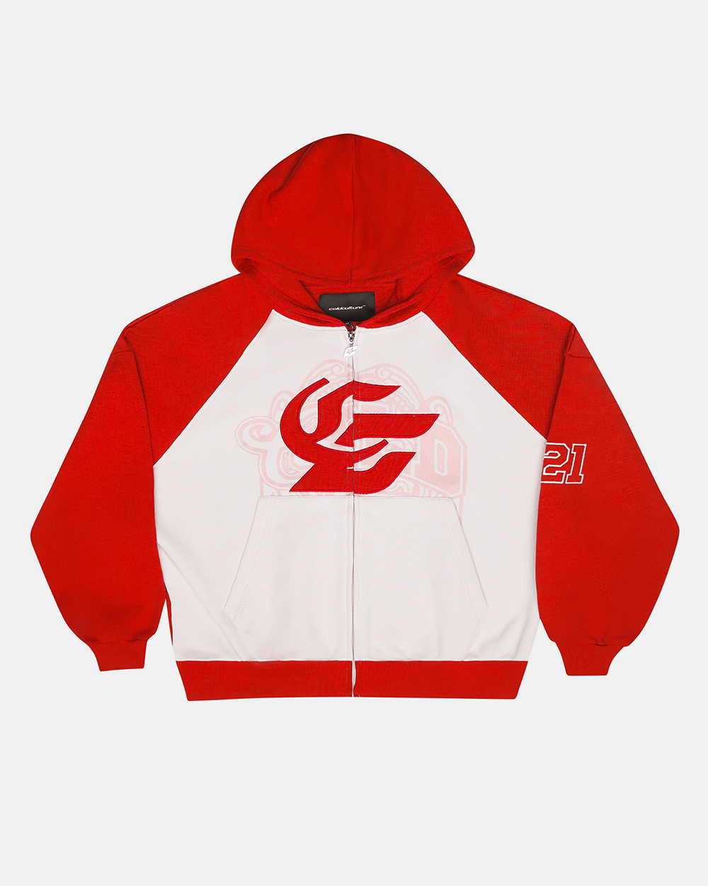PRESTIGE ZIP HOODIE RED & WHITE - red and white zip-up hoodie, front view - Cold Culture #packshot