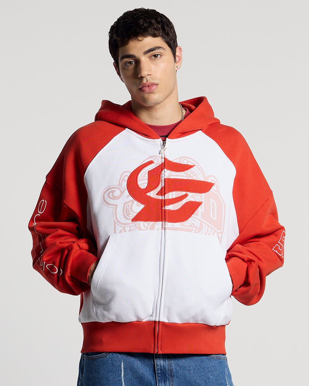 PRESTIGE ZIP HOODIE RED & WHITE - red and white zip-up hoodie, front view on male model - Cold Culture #man
