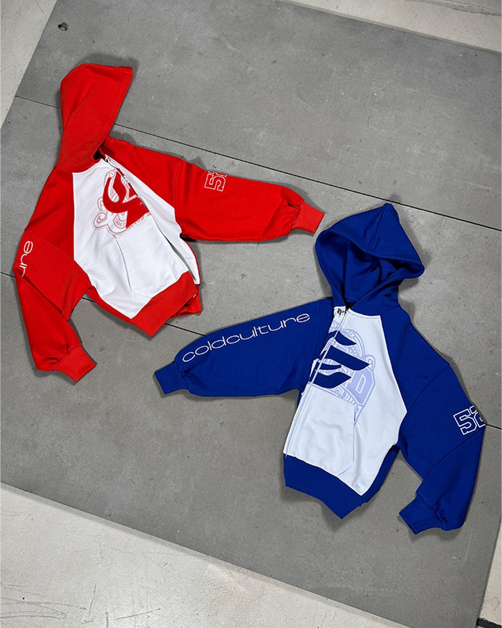PRESTIGE ZIP HOODIE RED & WHITE - red and white zip-up hoodie, flat lay with matching pieces - Cold Culture