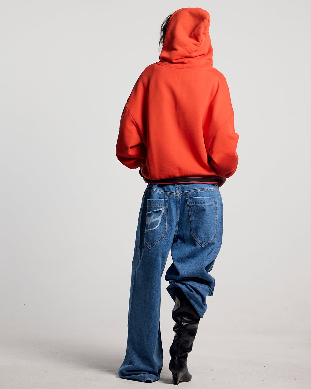 PRESTIGE ZIP HOODIE RED & WHITE - red and white zip-up hoodie, back view on female model - Cold Culture #woman