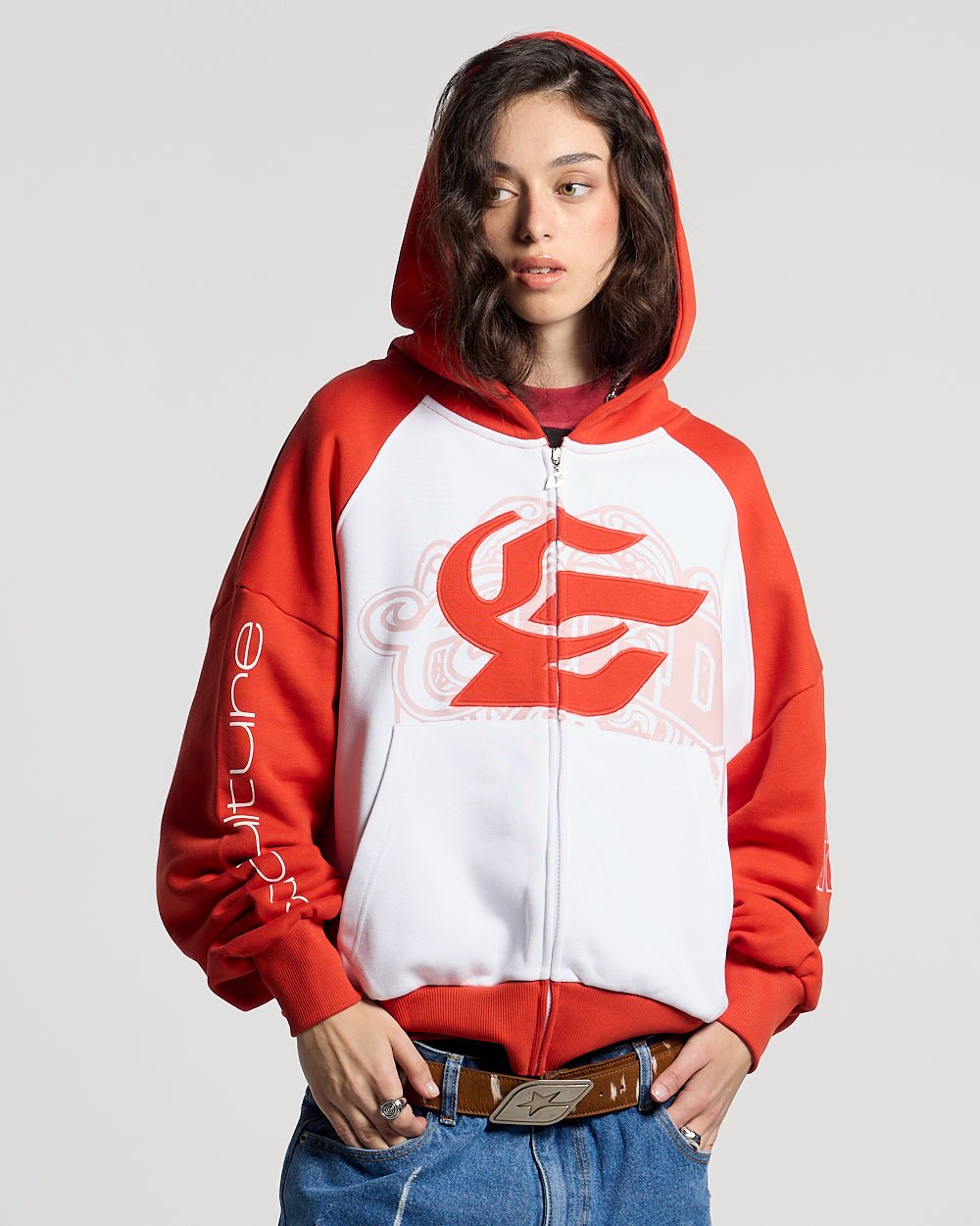 PRESTIGE ZIP HOODIE RED & WHITE - red and white zip-up hoodie, front view on female model - Cold Culture #woman