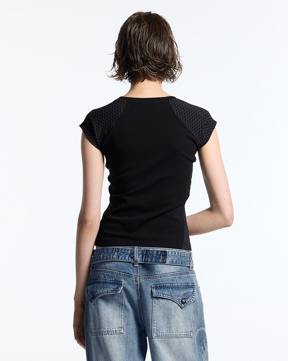 PRETTY BABY TEE BLACK - black script print baby tee, back view on female model - Cold Culture #woman