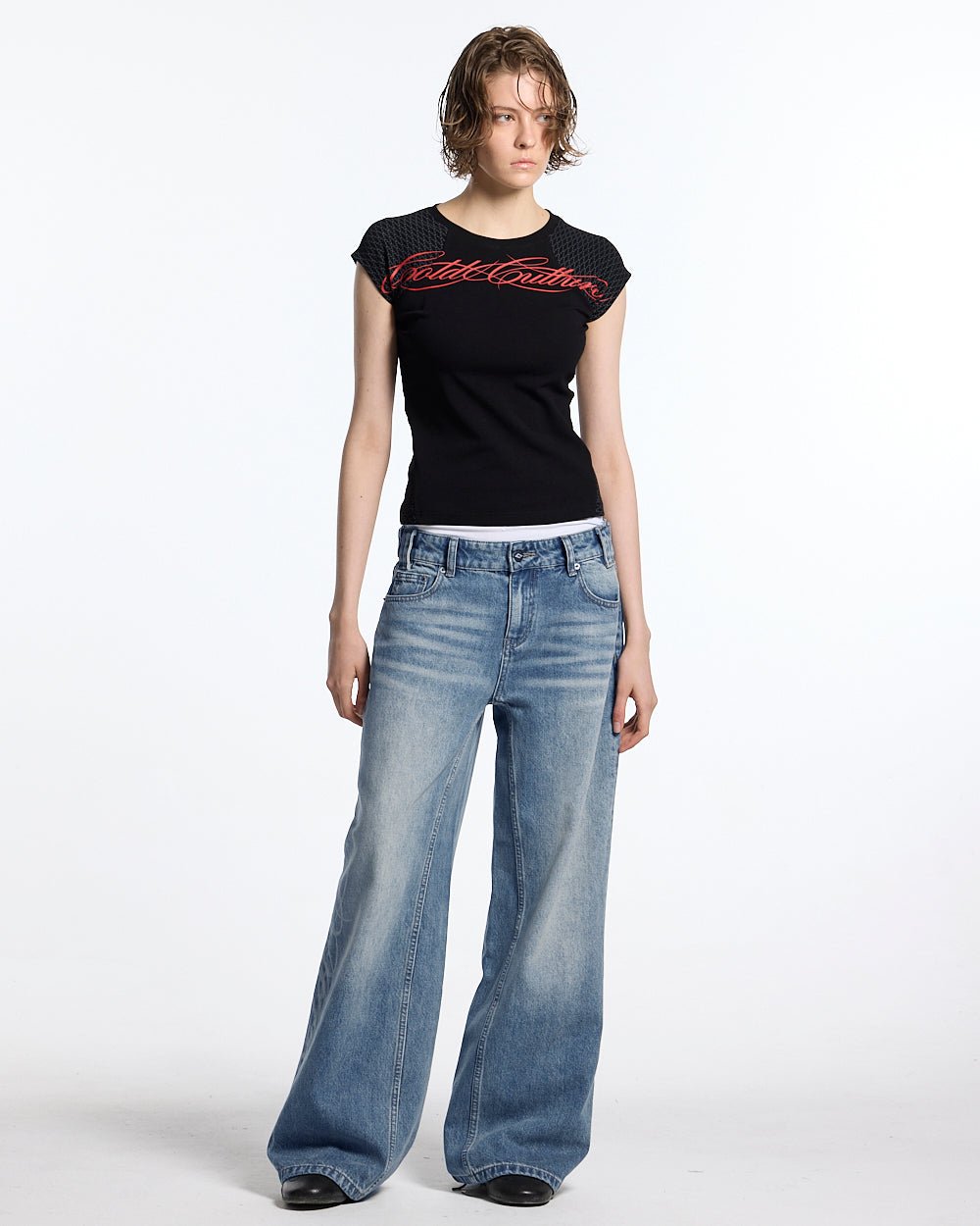 PRETTY BABY TEE BLACK - black script print baby tee, front view on female model - Cold Culture #woman