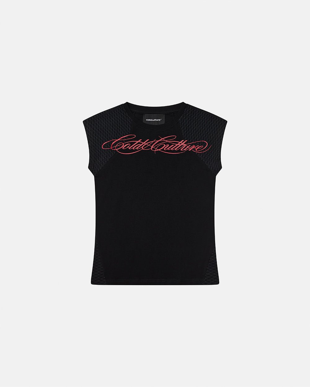 PRETTY BABY TEE BLACK - black script print baby tee, front view - Cold Culture #packshot