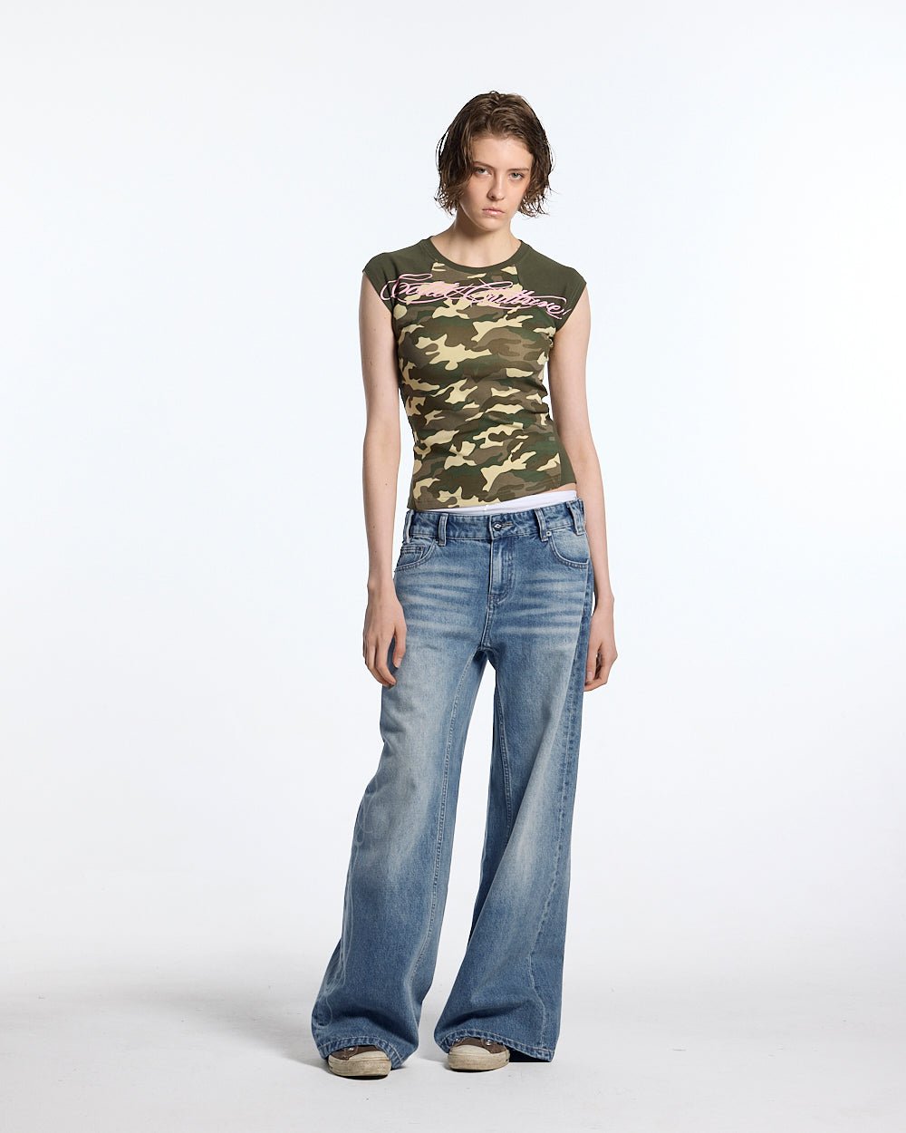 PRETTY BABY TEE GREEN - green camo baby tee, front view on female model - Cold Culture #woman
