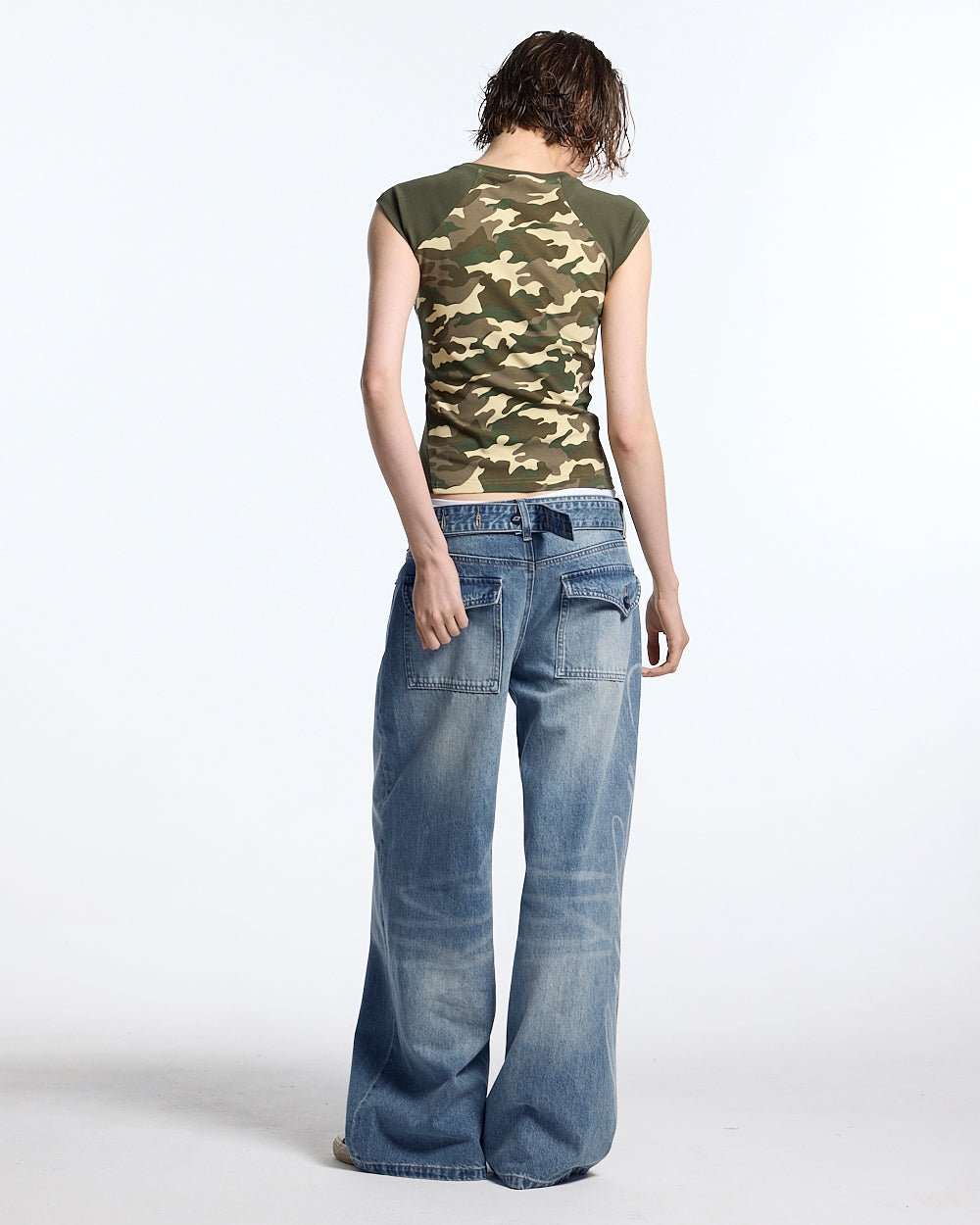 PRETTY BABY TEE GREEN - green camo baby tee, back view on female model - Cold Culture #woman