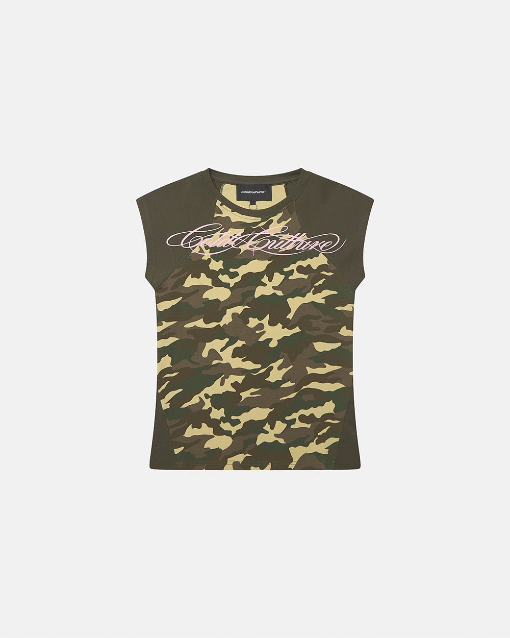 PRETTY BABY TEE GREEN - green camo baby tee, front view - Cold Culture #packshot