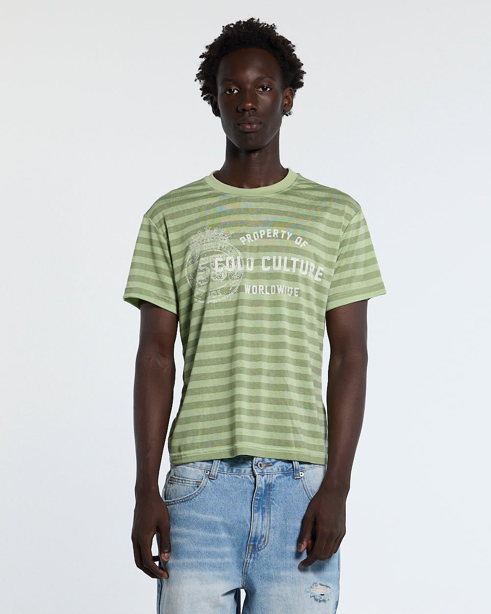PROPERTY TEE GREEN - green striped tee, front view on male model - Cold Culture #man