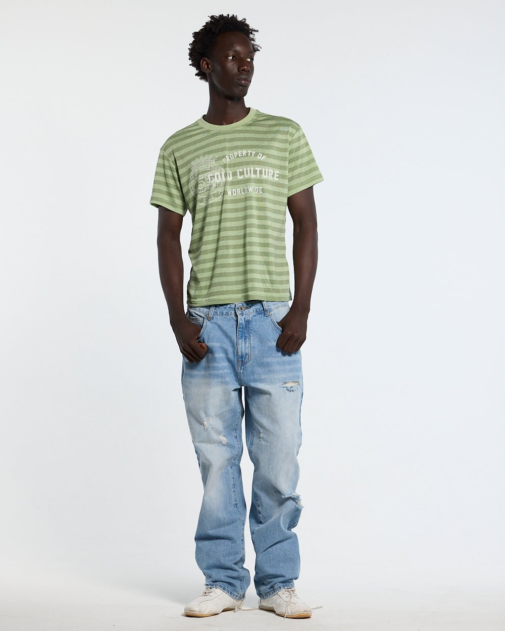 PROPERTY TEE GREEN - green striped tee, front view on male model - Cold Culture #man