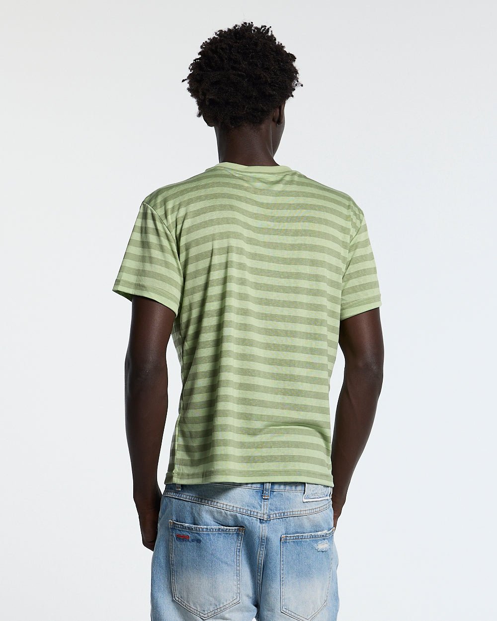 PROPERTY TEE GREEN - green striped tee, back view on male model - Cold Culture #man