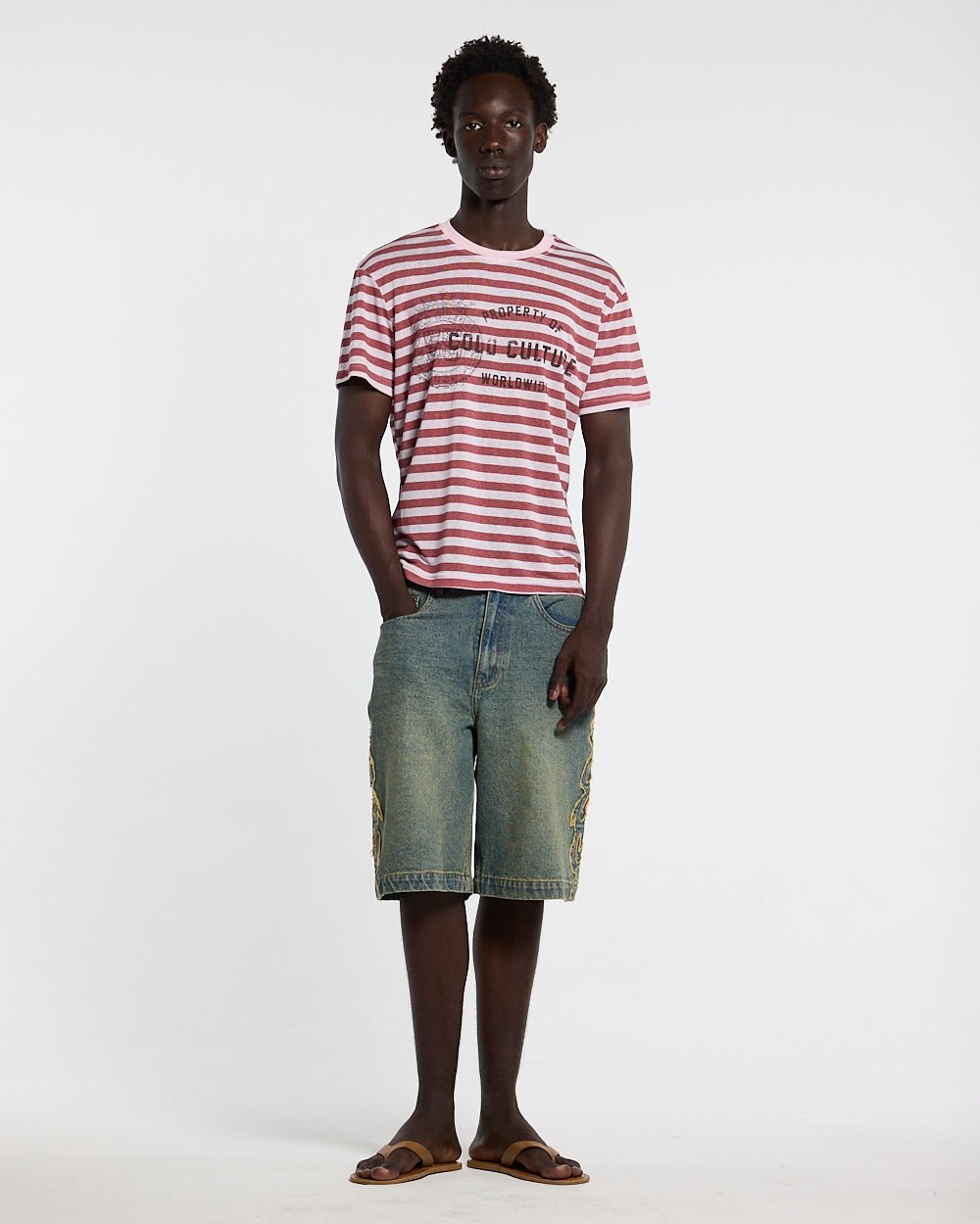 PROPERTY TEE PINK - pink striped tee, front view on male model - Cold Culture #man