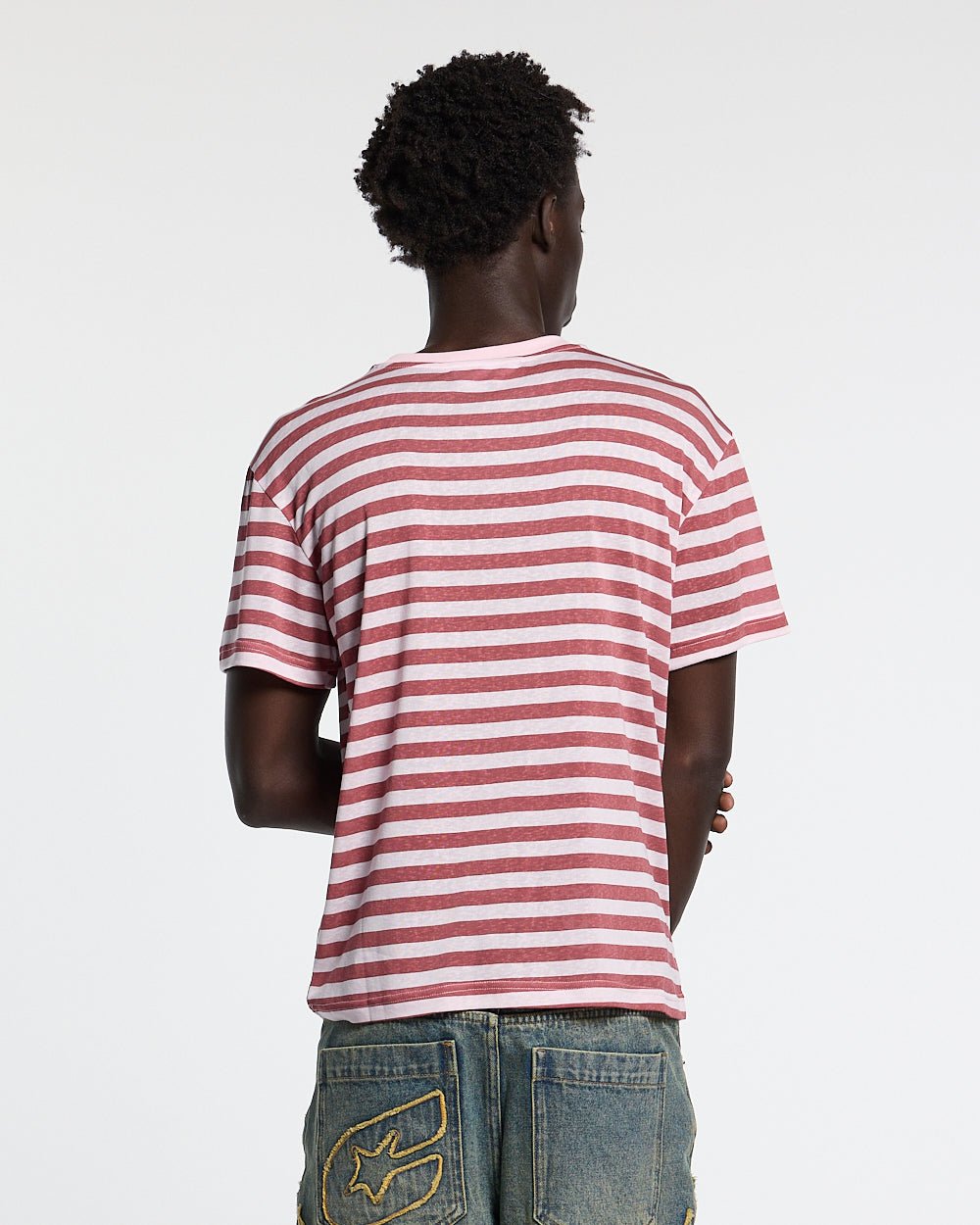 PROPERTY TEE PINK - pink striped tee, back view on male model - Cold Culture #man