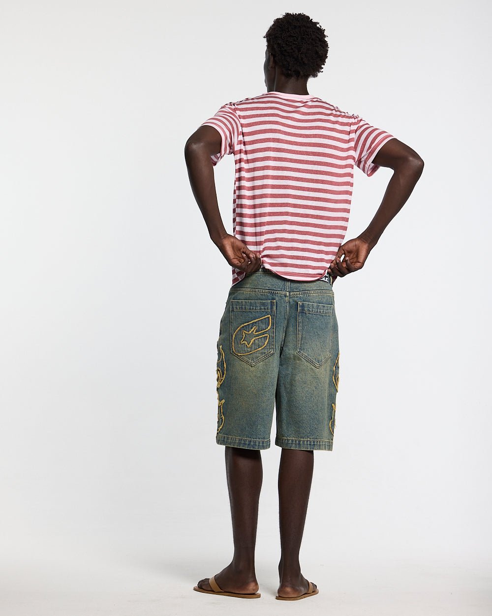 PROPERTY TEE PINK - pink striped tee, back view on male model - Cold Culture #man