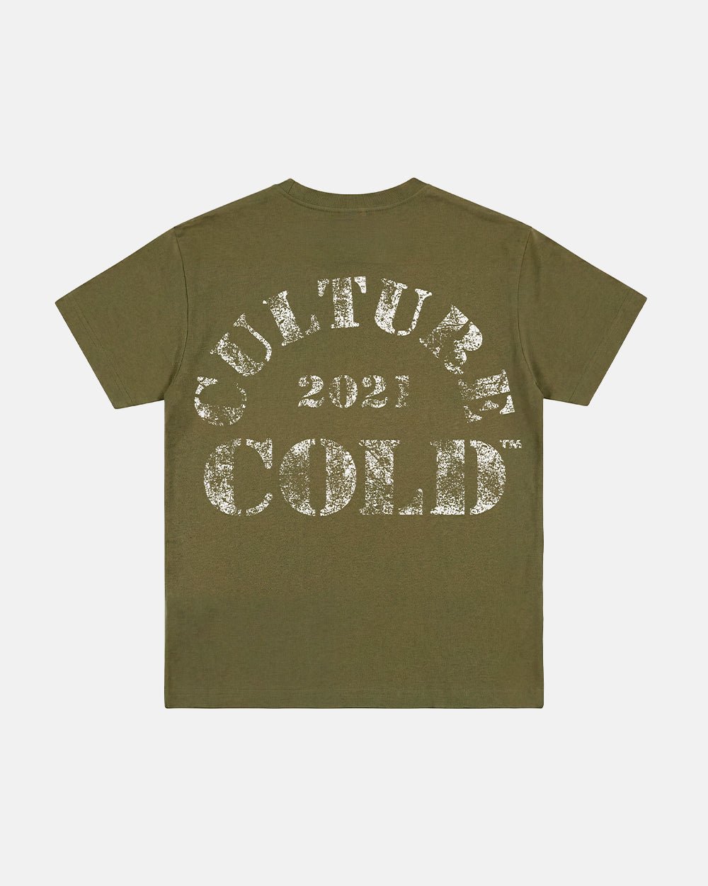PUMPING TEE GREEN - olive green graphic print tee, back view - Cold Culture #packshot