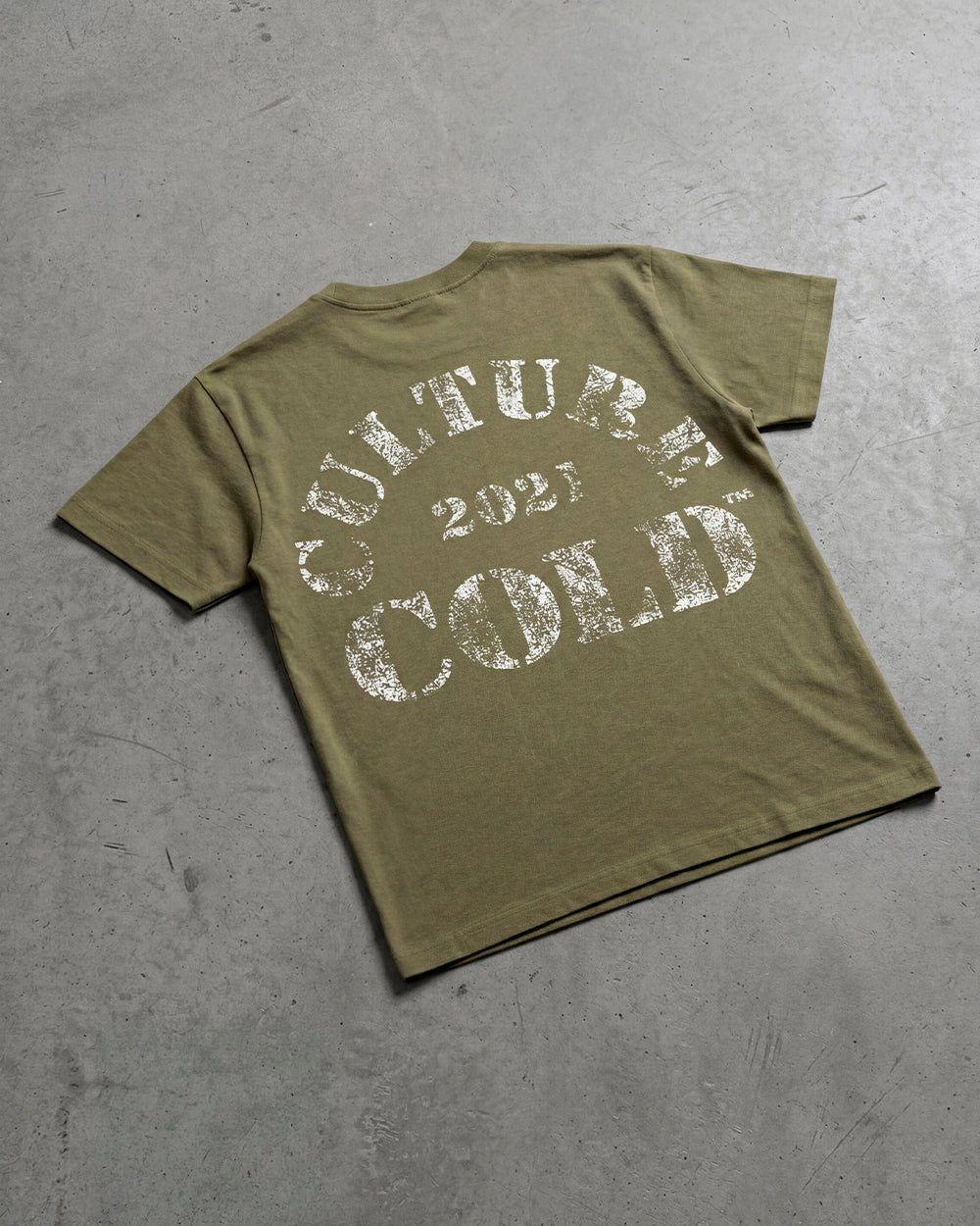 PUMPING TEE GREEN - olive green graphic print tee, flat lay - Cold Culture