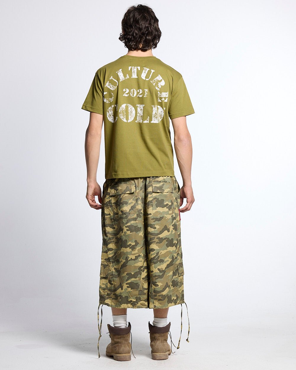 PUMPING TEE GREEN - olive green graphic print tee, back view on male model - Cold Culture #man