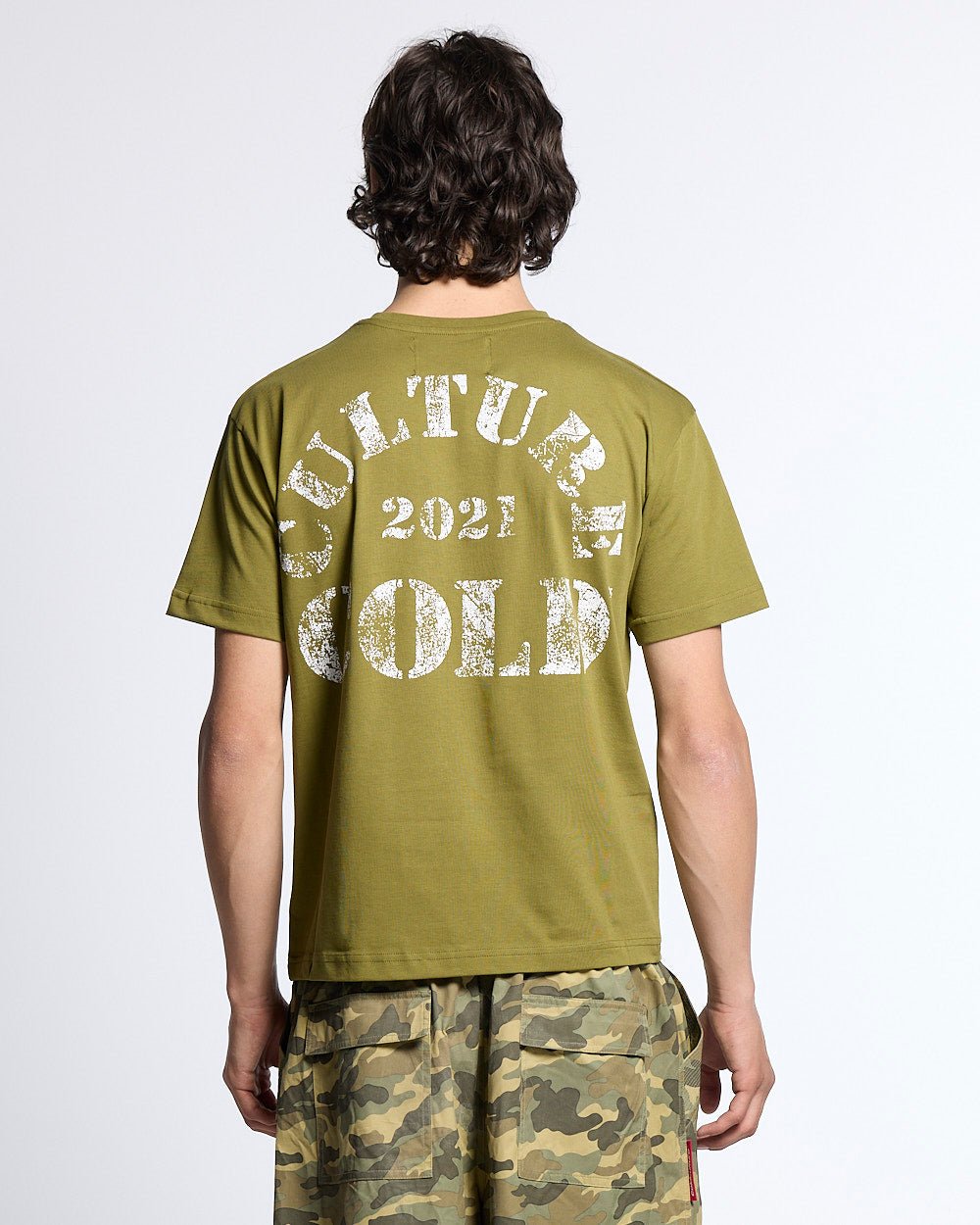 PUMPING TEE GREEN - olive green graphic print tee, back view on male model - Cold Culture #man