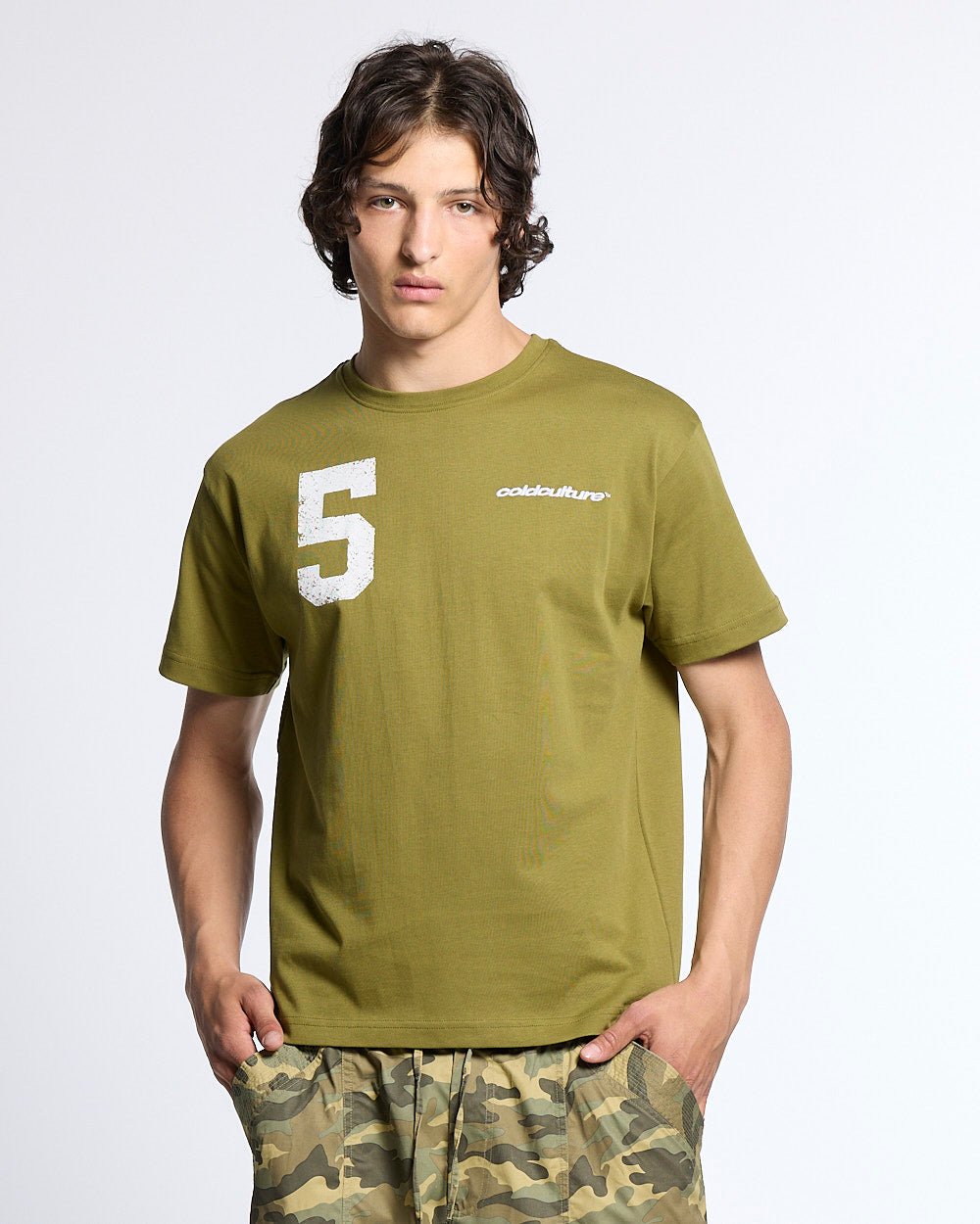 PUMPING TEE GREEN - olive green graphic print tee, front view on male model - Cold Culture #man
