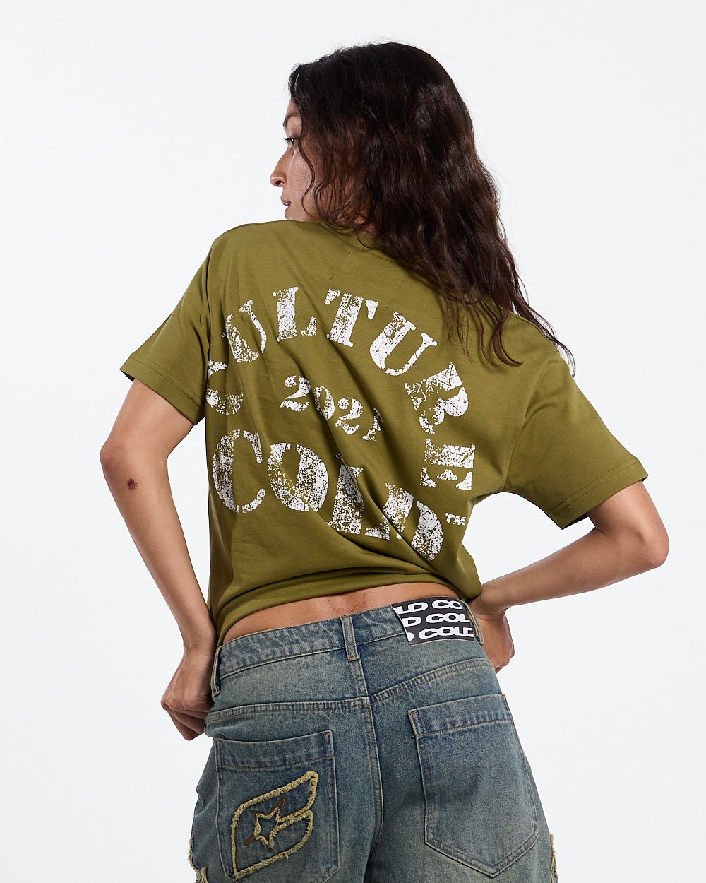 PUMPING TEE GREEN - olive green graphic print tee, back view on female model - Cold Culture #woman