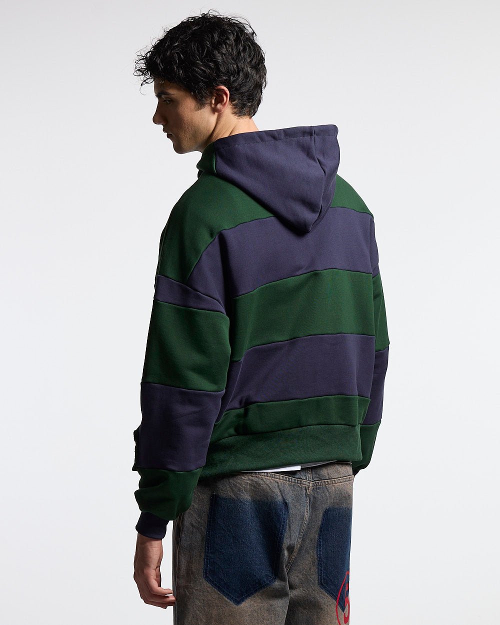 PUZZLE ZIP HOODIE GREEN & NAVY - green and navy striped zip-up hoodie, side view - Cold Culture #man