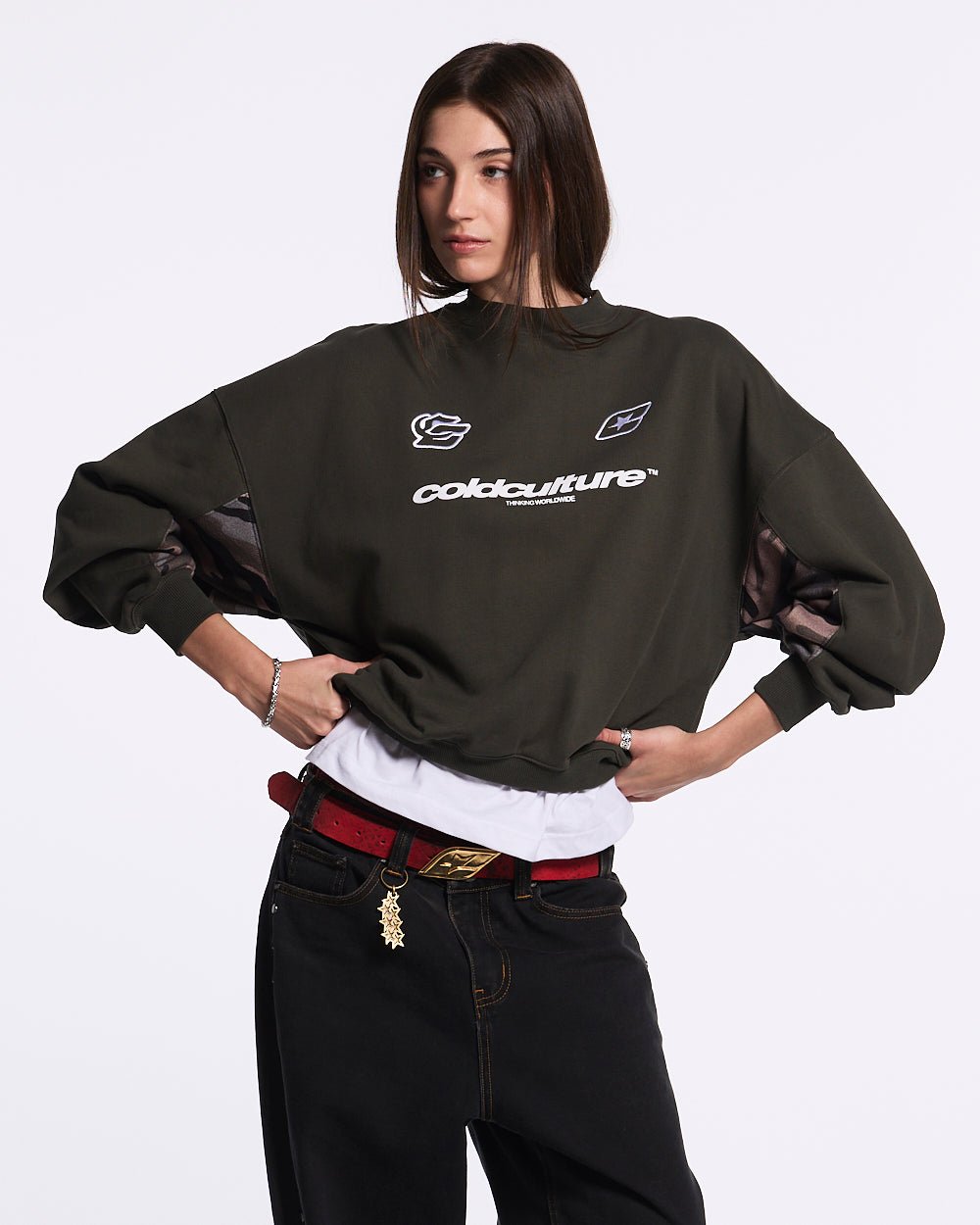 RACING CREWNECK CAMO GREY - grey camo crewneck sweatshirt, front view on female model - Cold Culture #woman