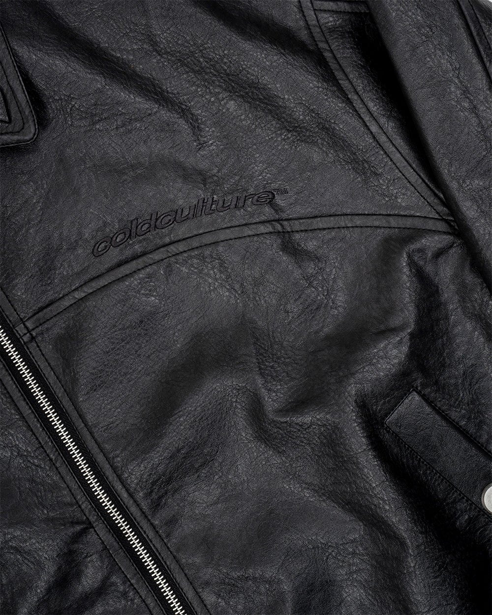 RACING JACKET BLACK - black leather jacket, detail close-up - Cold Culture