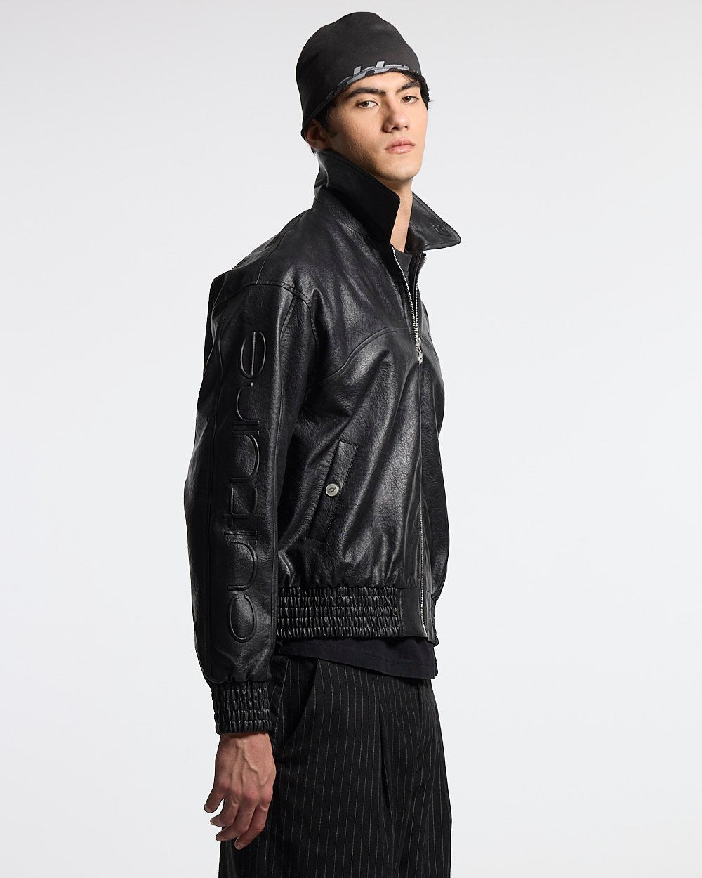 RACING JACKET BLACK - black leather jacket, front view on male model - Cold Culture #man