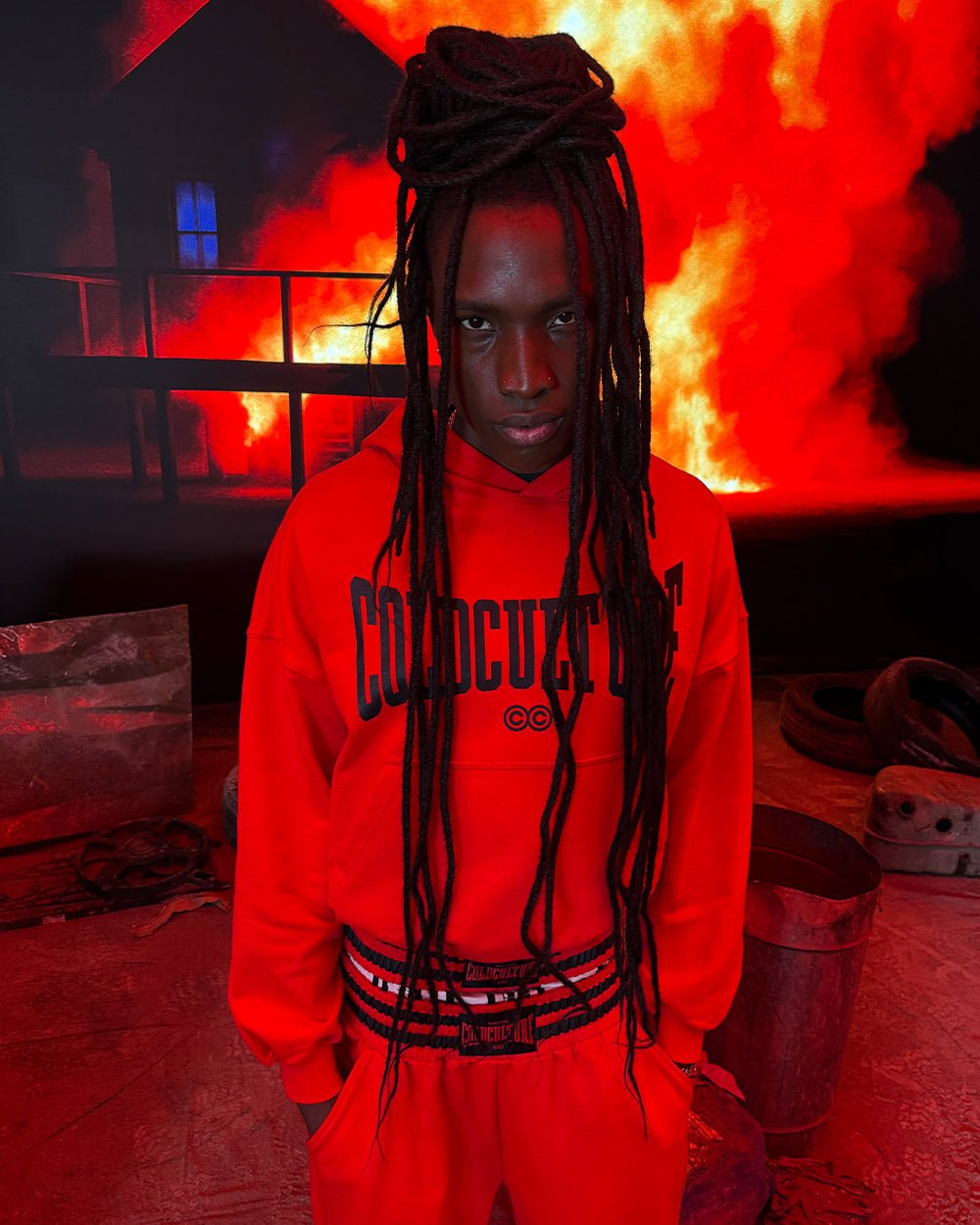 RAGE IN THE RING HOODIE RED - red graphic print hoodie, street style shot - Cold Culture