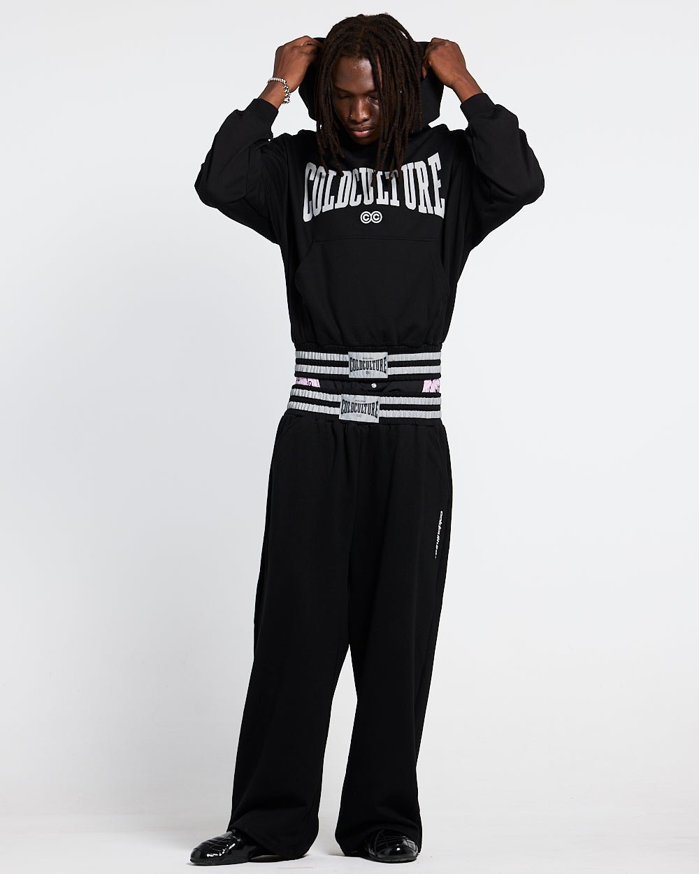 RAGE IN THE RING PANTS  BLACK - black baggy sweatpants, front view on male model - Cold Culture #man