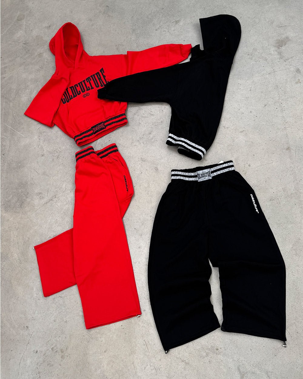 RAGE IN THE RING PANTS  BLACK - black baggy sweatpants, flat lay with matching pieces - Cold Culture