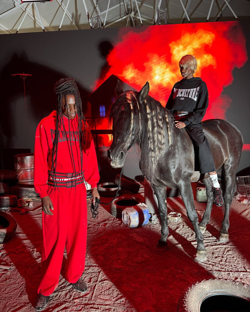 RAGE IN THE RING PANTS RED - red baggy sweatpants, street style shot - Cold Culture