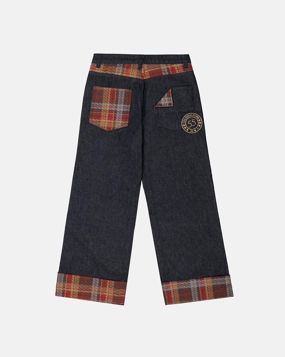 RAINY TARTAN V3 PANTS - navy denim pants with tartan cuffs, back view - Cold Culture #packshot