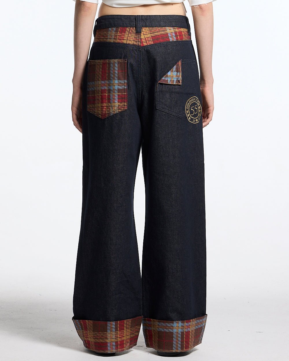 RAINY TARTAN V3 PANTS - navy denim pants with tartan cuffs, back view on female model - Cold Culture #woman