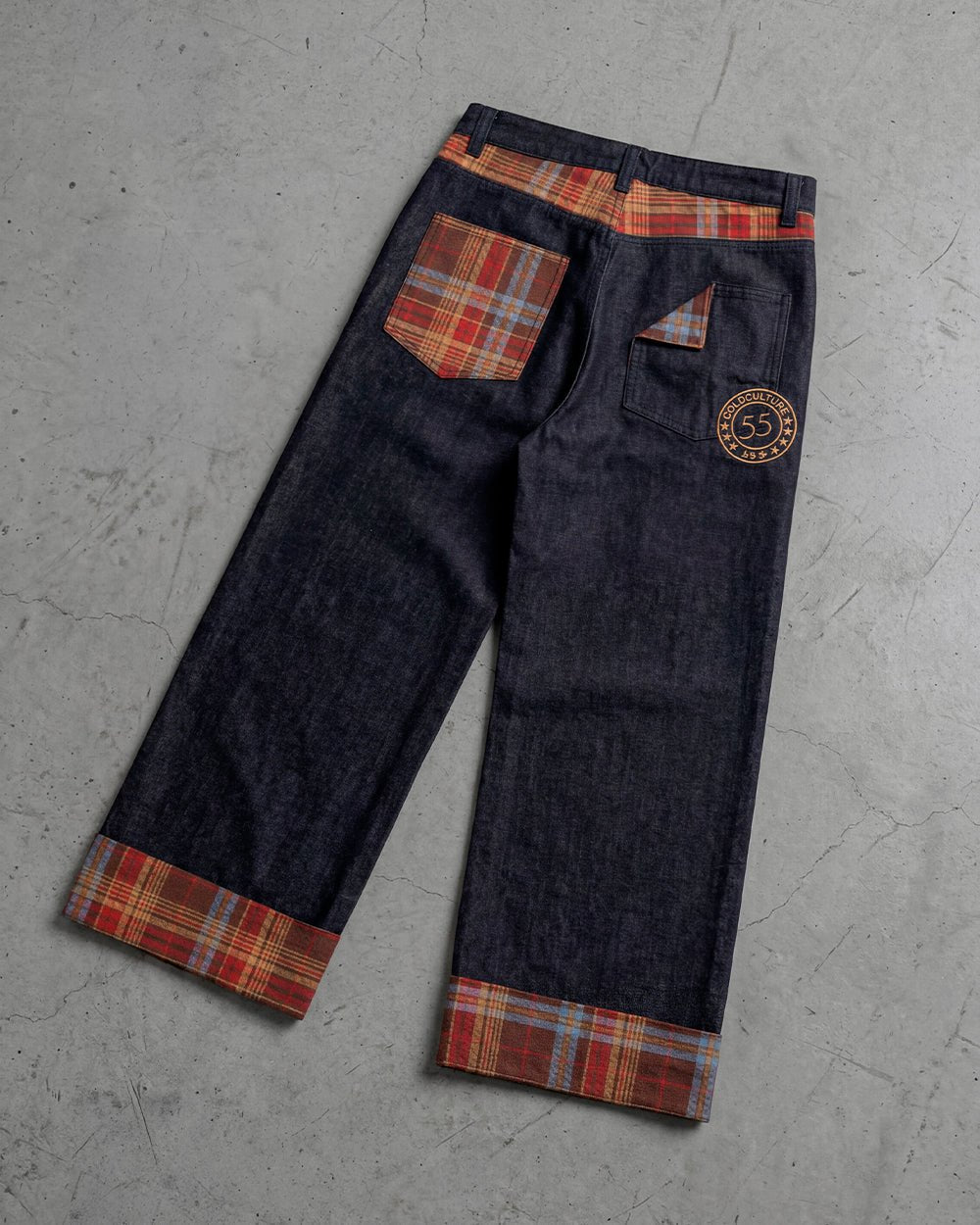 RAINY TARTAN V3 PANTS - navy denim pants with tartan cuffs, flat lay - Cold Culture